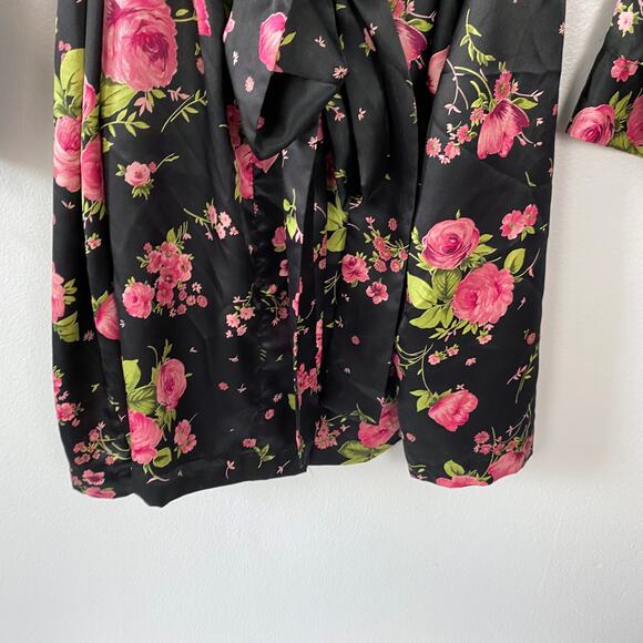 Victoria's Secret Y2K Satin Robe Black Floral Kimono Waist Tie Pink VTG One Size - Picture 6 of 13